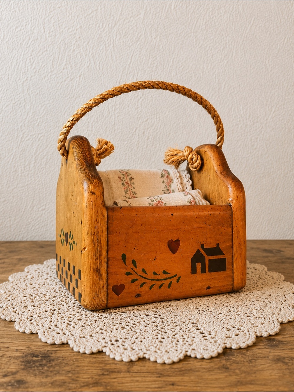 Hand-Painted Rustic Wooden Caddy in Warm Honey Brown by
